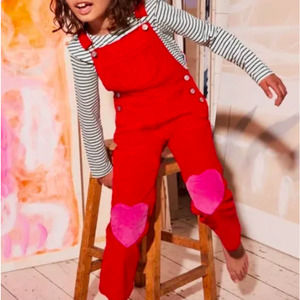 Mini Boden Red Overalls with Pink Heart Patches
